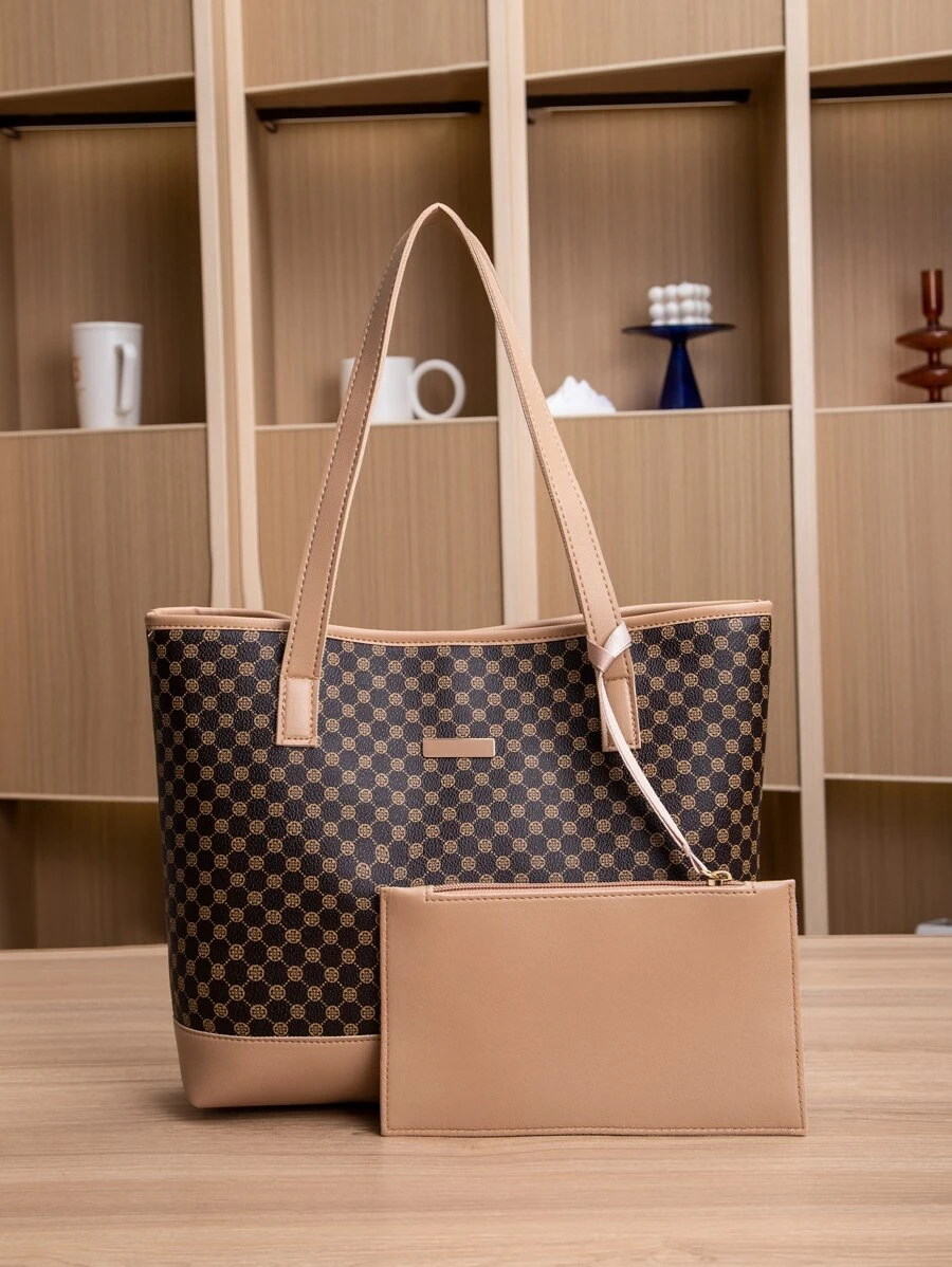 2入組幾何圖案肩袋手提包，附方形小包，最佳女士工作包，老款型格時尚女包 - 彩色 - 查看 1