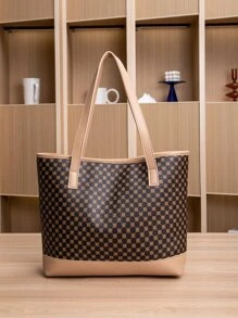 2入組幾何圖案肩袋手提包，附方形小包，最佳女士工作包，老款型格時尚女包 - 彩色 - 查看 2