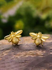 ESBERRY 1pair Glamorous Bees Stud Earrings For Women s925 Sterling Silver Valentine's Day Handmade Fine Ladies Jewelry Gift For Girls - Yellow Gold - View 2