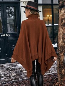 Turtleneck Batwing Sleeve Asymmetrical Hem Sweater - Rust Brown - View 2