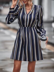 Striped Print Puff Sleeve Dress - Navy Blue - View 5