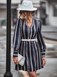Striped Print Puff Sleeve Dress - Navy Blue - View 6