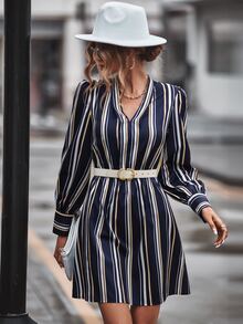 Striped Print Puff Sleeve Dress - Navy Blue - View 4