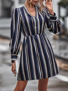 Striped Print Puff Sleeve Dress - Navy Blue - View 3