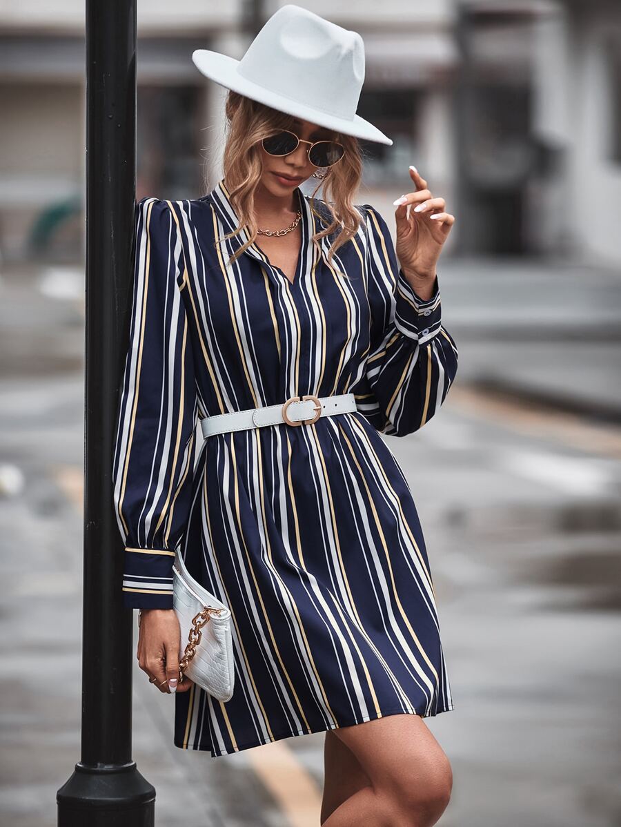 Striped Print Puff Sleeve Dress - Navy Blue - View 1