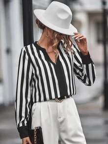 SHEIN LUNE Blusa de rayas de cuello notch - Blanco y Negro - Ver 6