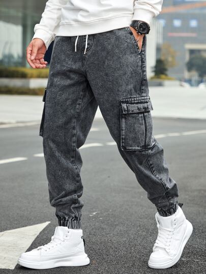 Manfinity Homme Herr Bomull Flik Fick Dragsko Midja Cargo Jeans Baggy Long Washed Denim Joggers Jean Plain Dark Grey Workout Academia