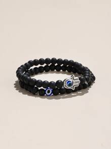 2pcs Evil Eye & Hamsa Hand Decor Beaded Bracelet - Multicolor - View 1