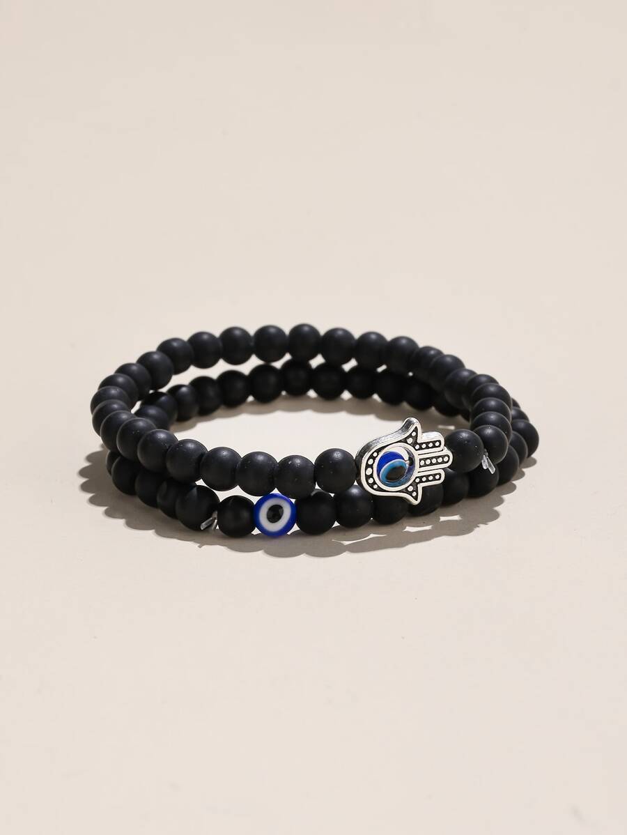 2pcs Evil Eye & Hamsa Hand Decor Beaded Bracelet - Multicolor - View 1