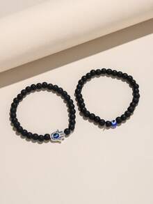2pcs Evil Eye & Hamsa Hand Decor Beaded Bracelet - Multicolor - View 3
