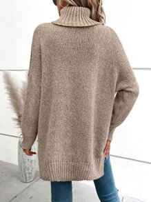 SHEIN LUNE Turtleneck Drop Shoulder Split Hem Sweater