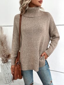 SHEIN LUNE Turtleneck Drop Shoulder Split Hem Sweater