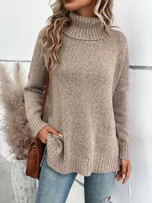 SHEIN LUNE Turtleneck Drop Shoulder Split Hem Sweater