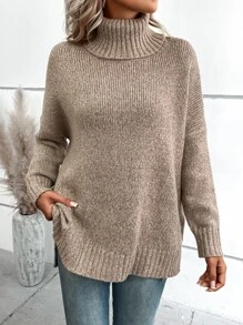 SHEIN LUNE Turtleneck Drop Shoulder Split Hem Sweater