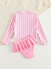 Cô gái trẻ sọc Ruffle Trim Rashguard Bãi biển mùa hè - Hồng - Xem 2