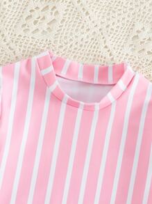 Cô gái trẻ sọc Ruffle Trim Rashguard Bãi biển mùa hè - Hồng - Xem 4