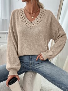 SHEIN Essnce Eyelet Detail Drop Shoulder Jumper - Apricot - View 1