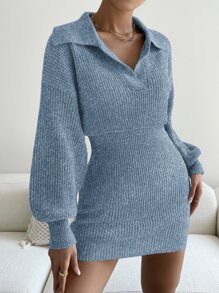 SHEIN Unity Ribbed Knit Drop Shoulder Jumper Dress - Baby Blue - View 1