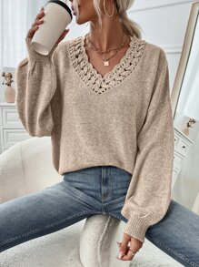 SHEIN Essnce Eyelet Detail Drop Shoulder Jumper - Apricot - View 3