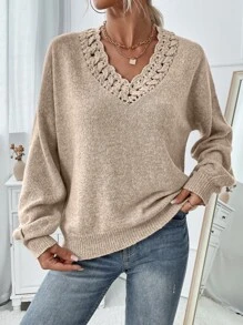 SHEIN Essnce Eyelet Detail Drop Shoulder Jumper - Apricot - View 5