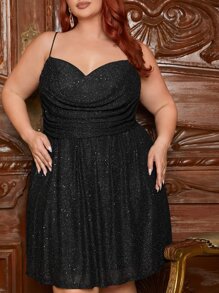 SHEIN CURVE+ Vestido de tirantes fruncido brillante - Negro - Ver 6