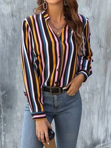 Camisa de rayas de colores de cuello notch - Multicolor - Ver 6