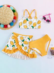 Young Girl Lemon Print Ruffle Trim Bikini Set With Beach Skirt Summer Beach - Multicolor - View 1