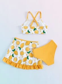 Young Girl Lemon Print Ruffle Trim Bikini Set With Beach Skirt Summer Beach - Multicolor - View 2