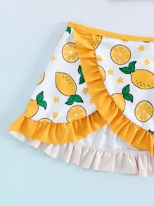 Young Girl Lemon Print Ruffle Trim Bikini Set With Beach Skirt Summer Beach - Multicolor - View 5