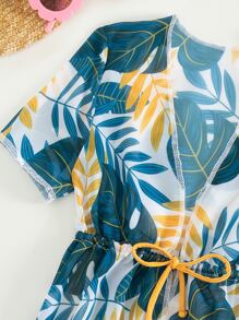 Young Girl Plant Print Cut-Out One Piece Swimsuit With Kimono - Multicolor - View 4