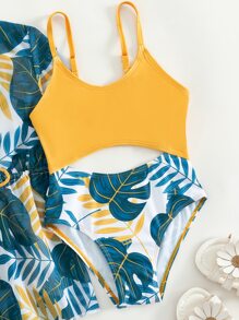 Young Girl Plant Print Cut-Out One Piece Swimsuit With Kimono - Multicolor - View 5