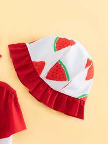 SHEIN Baby Girl Watermelon Print Ruffle Trim Swimsuit & Hat - Red and White - View 4