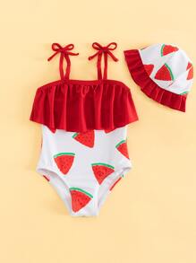 SHEIN Baby Girl Watermelon Print Ruffle Trim Swimsuit & Hat - Red and White - View 5