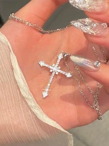 方晶鋯石十字架裝飾鏈條樣式項鍊 - 銀色 - 查看 1