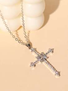 方晶鋯石十字架裝飾鏈條樣式項鍊 - 銀色 - 查看 7