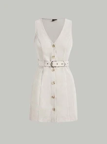 SHEIN MOD Button Front Belted Dress - Beige - View 1