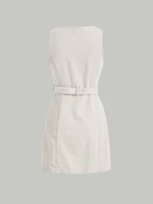SHEIN MOD Button Front Belted Dress - Beige - View 2