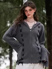 ROMWE Fairycore Lace Up Front Drop Shoulder Hooded Cardigan - Grey - View 1