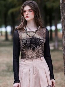 ROMWE Fairycore 骷髅頭圖案拼色網紗上衣 - 彩色 - 查看 2