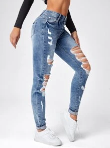 Ripped Skinny Jeans - Light Wash - View 2