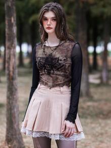 ROMWE Fairycore 骷髅頭圖案拼色網紗上衣 - 彩色 - 查看 4