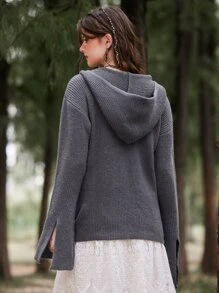 ROMWE Fairycore Lace Up Front Drop Shoulder Hooded Cardigan - Grey - View 6