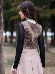 ROMWE Fairycore 骷髅頭圖案拼色網紗上衣 - 彩色 - 查看 5