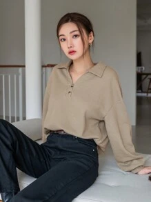 DAZY Casual Eenkleurig Sweatshirt Voorpand met Knoopjes