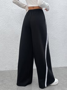 SHEIN EZwear Letter Graphic Contrast Tape Wide Leg Pants - Black - View 3