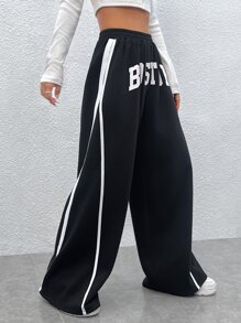 SHEIN EZwear Letter Graphic Contrast Tape Wide Leg Pants - Black - View 5