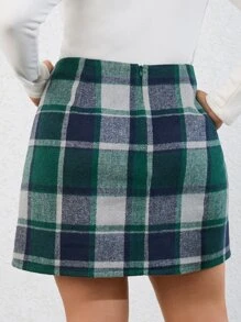 Plus Plaid Print High Waist Skirt - Green - View 2