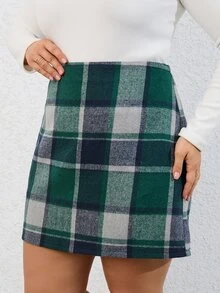 Plus Plaid Print High Waist Skirt - Green - View 3
