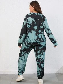 SHEIN LUNE Plus Tie Dye Drop Shoulder Sweatshirt & Joggers - Mint Green - View 2