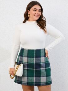 Plus Plaid Print High Waist Skirt - Green - View 4